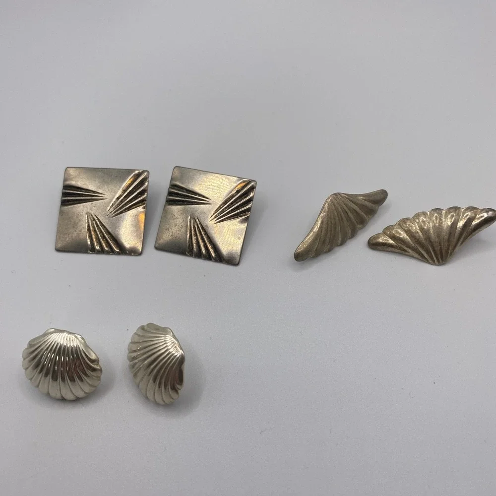 Vintage Silver Tone Earring Lot 3 Pairs Pierced Studs Shell Fan Art Deco Square‎